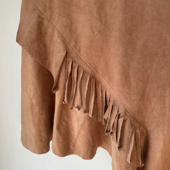 Asymmetric Faux Suede Fringed Hem Midi Skirt | Tan Brown 🤎 L - Picture 2 of 5